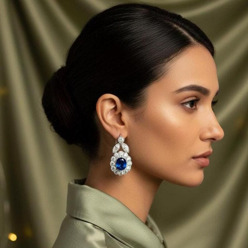 Blue Sapphire Diamond Halo Drop Earrings — View 2
