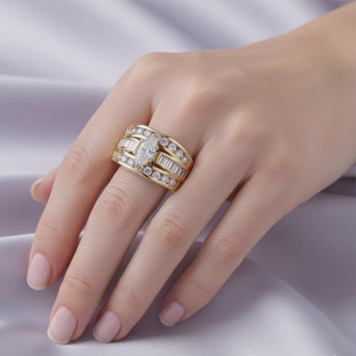 Marquise Diamond/Moissanite Unisex Statement Ring 14K Gold Plated — View 4