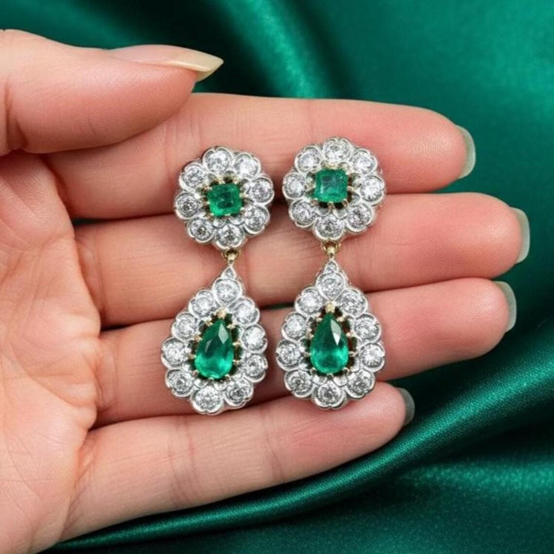 Victorian Emerald Diamond Drop Earrings