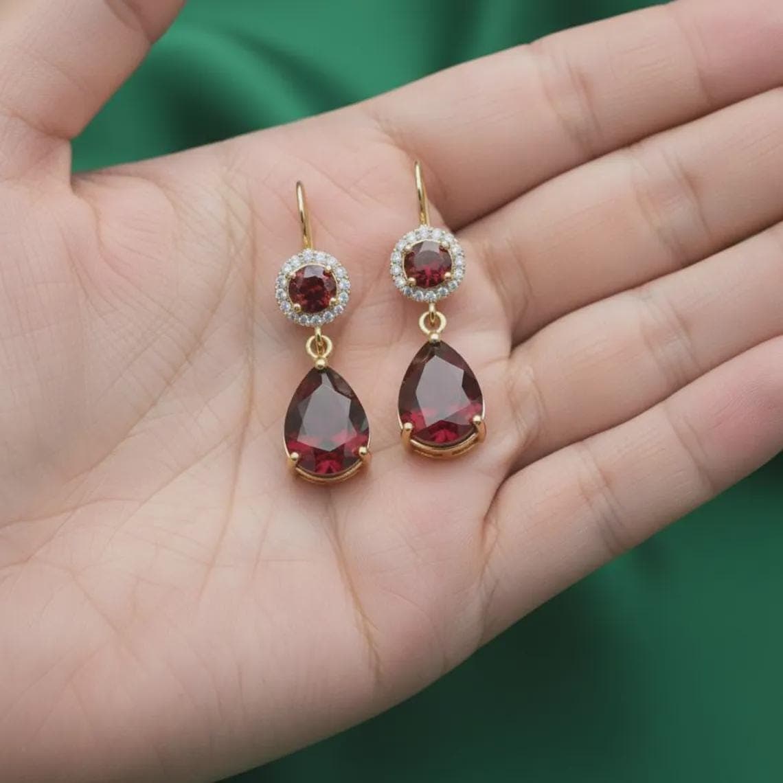 Teardrop Red Garnet Women's Drop Dangles 14K Gold — View 3