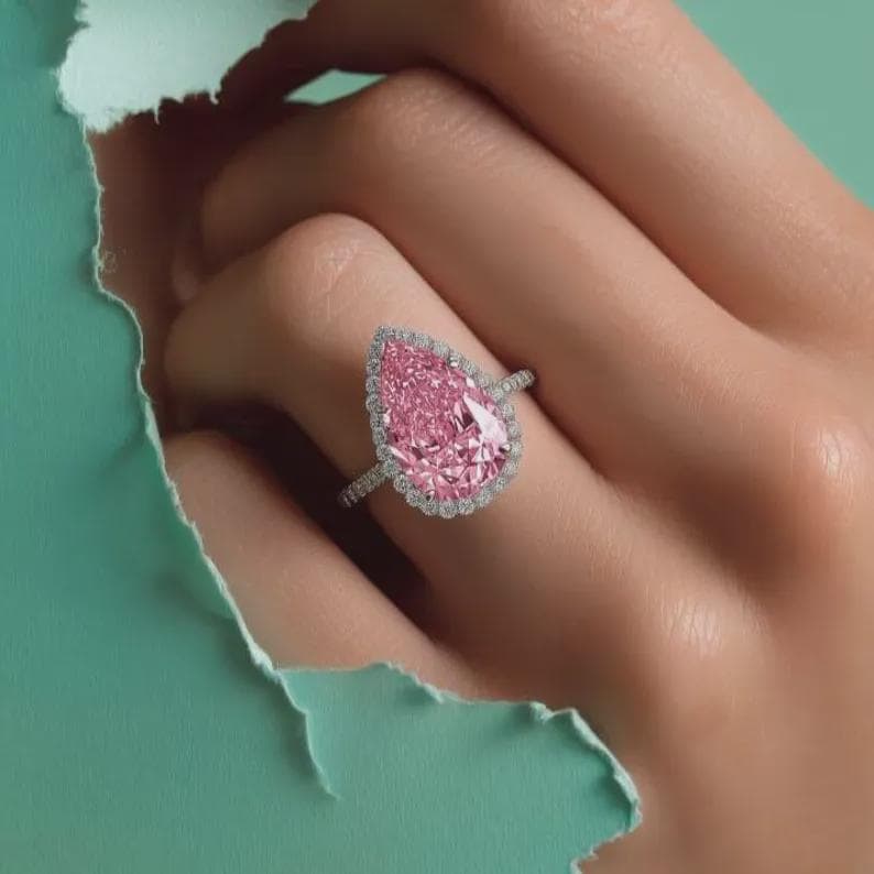 Pink Pear Cut Moissanite Halo Ring - Sterling — View 2
