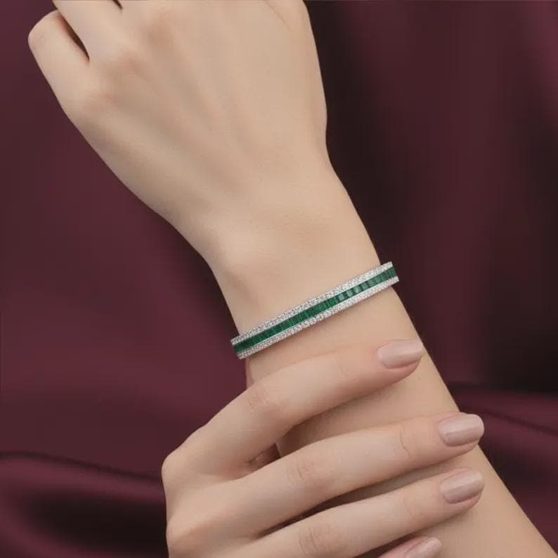 Elegant Emerald and Diamond Tennis Bracelet Double Row — View 5