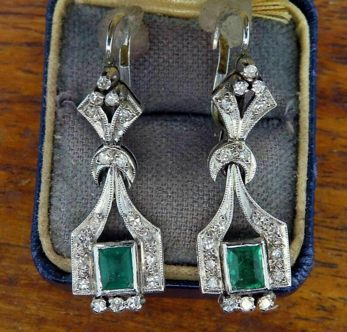 Art Deco Emerald & Diamond Drop Earrings — View 2