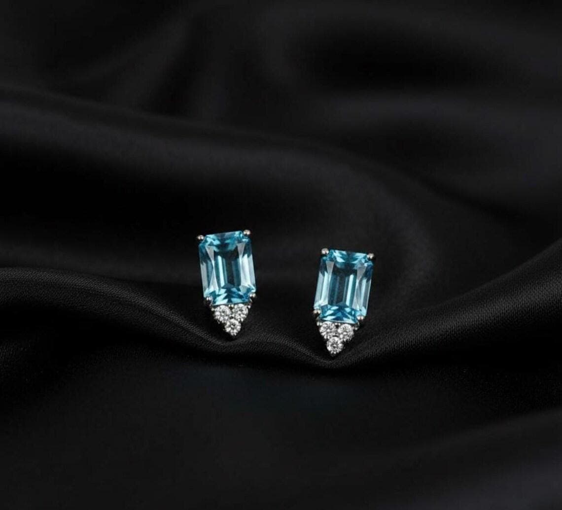 Emerald-Cut Aquamarine &WOMENS Diamond Accent Stud Earrings — View 2
