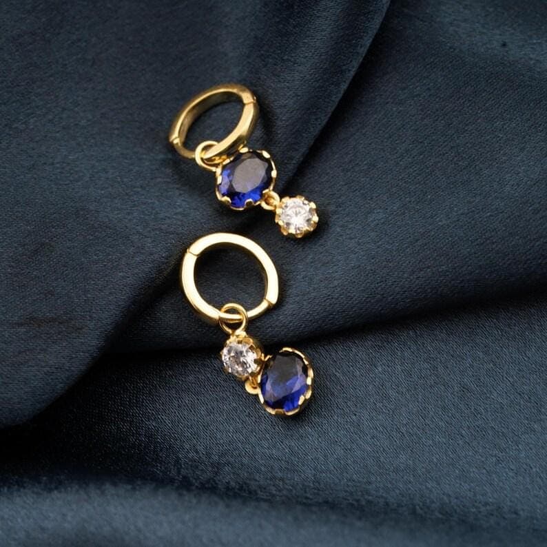 14k Gold Hoop Earrings with Blue Sapphire &