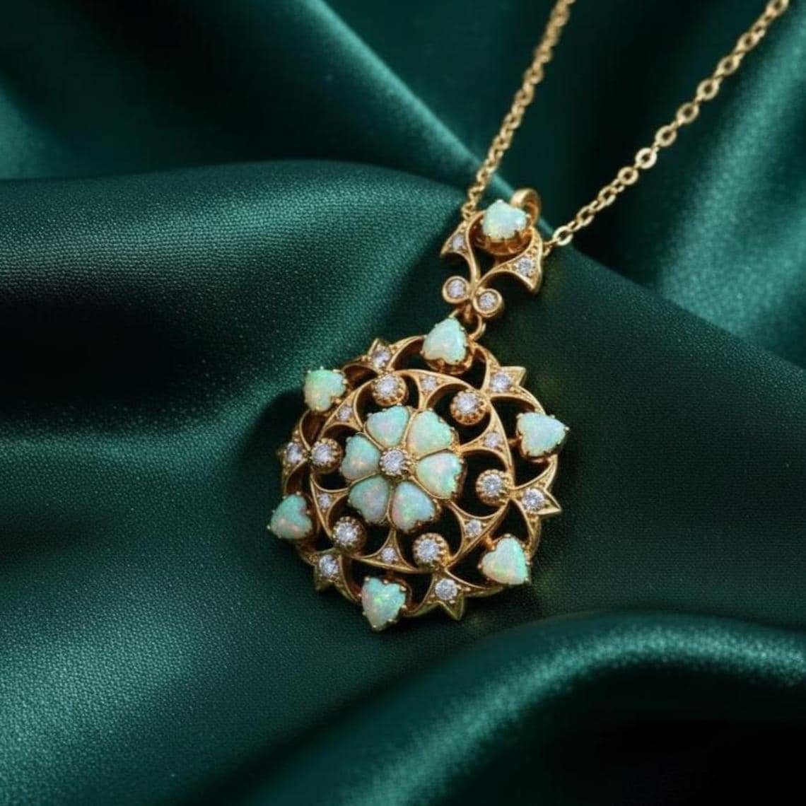 Vintage Opal Flower Mandala Pendant Necklace — View 2