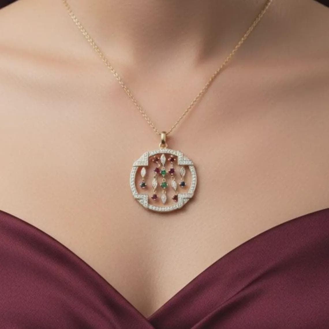 Luxury Precious Stone Cluster Pendant 14K Gold Plated — View 4