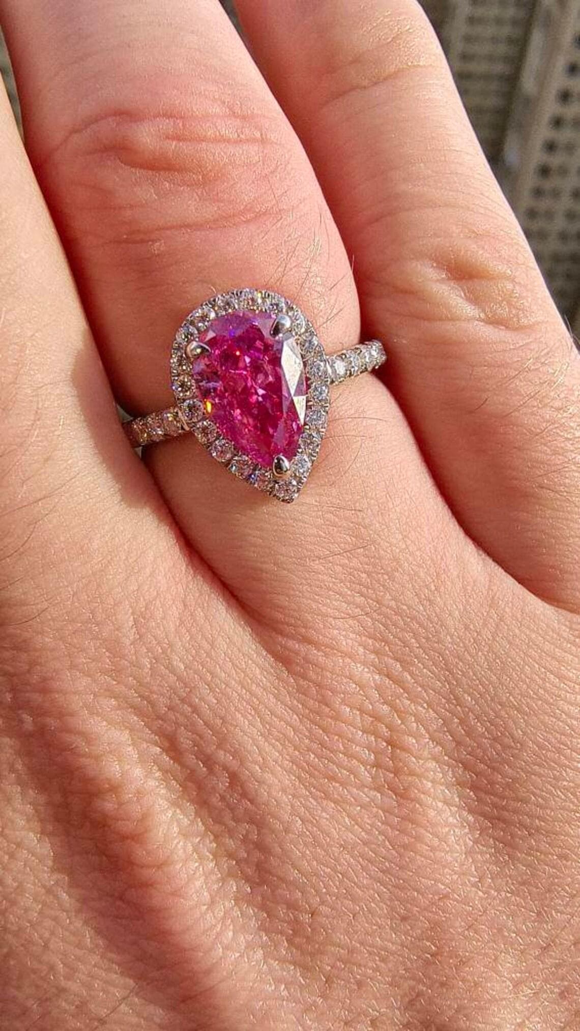Fancy Pink Pear Cut Moissanite Engagement Ring — View 2