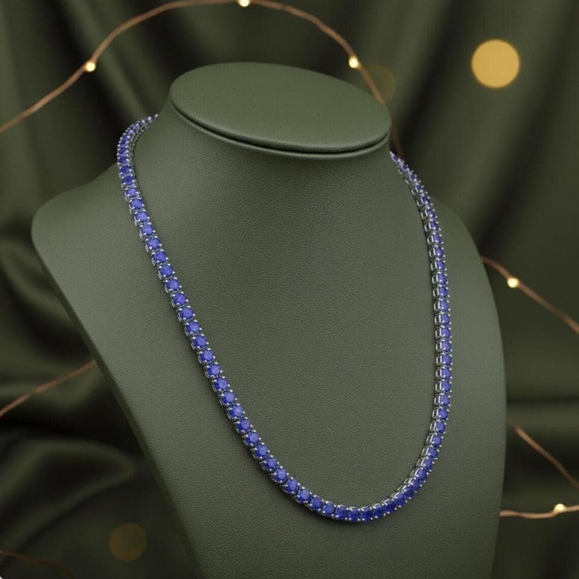 Blue Sapphire Tennis Necklace in 14K White Gold — View 3