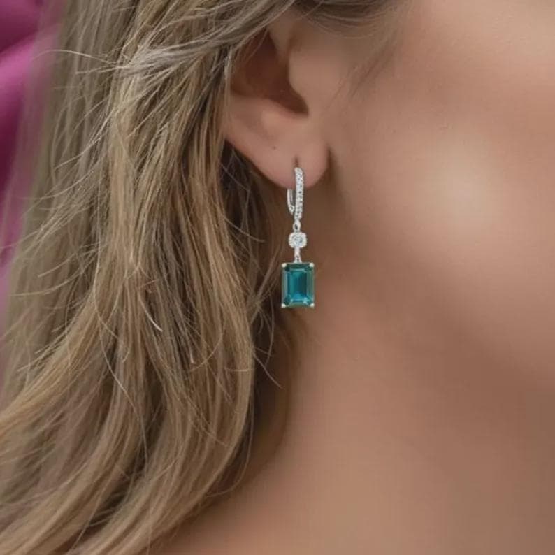 Emerald Cut London Blue Topaz Drop Earrings — View 3