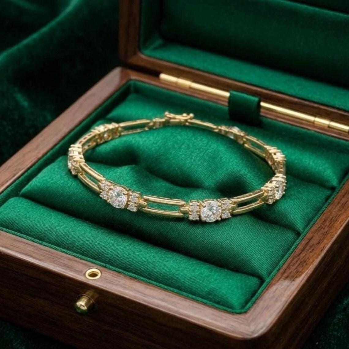 Bar Link Diamond/Moissanite Tennis Bracelet 14K Yellow Gold — View 6