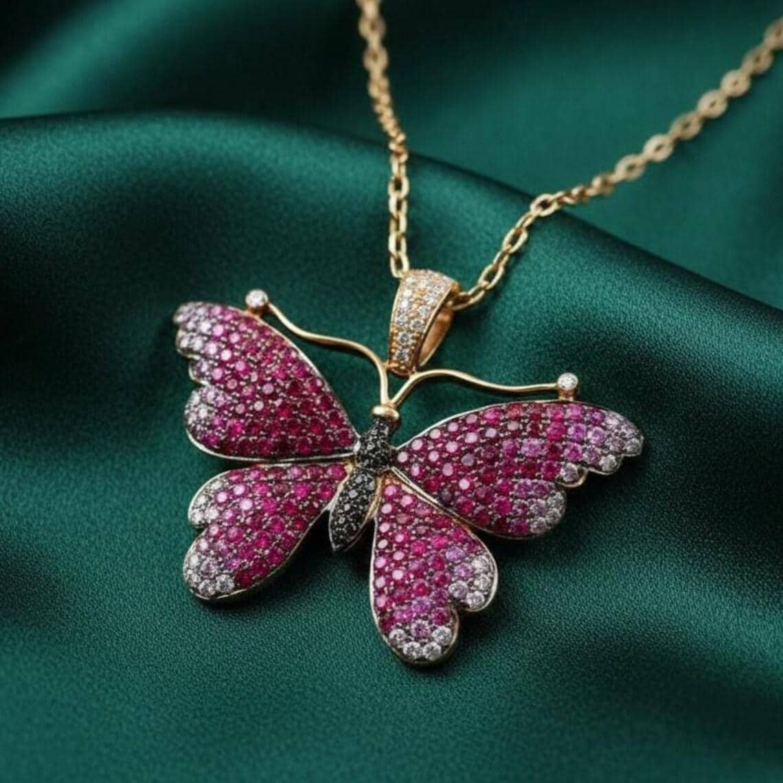 Pink Ruby Sapphire Butterfly Pendant Necklace