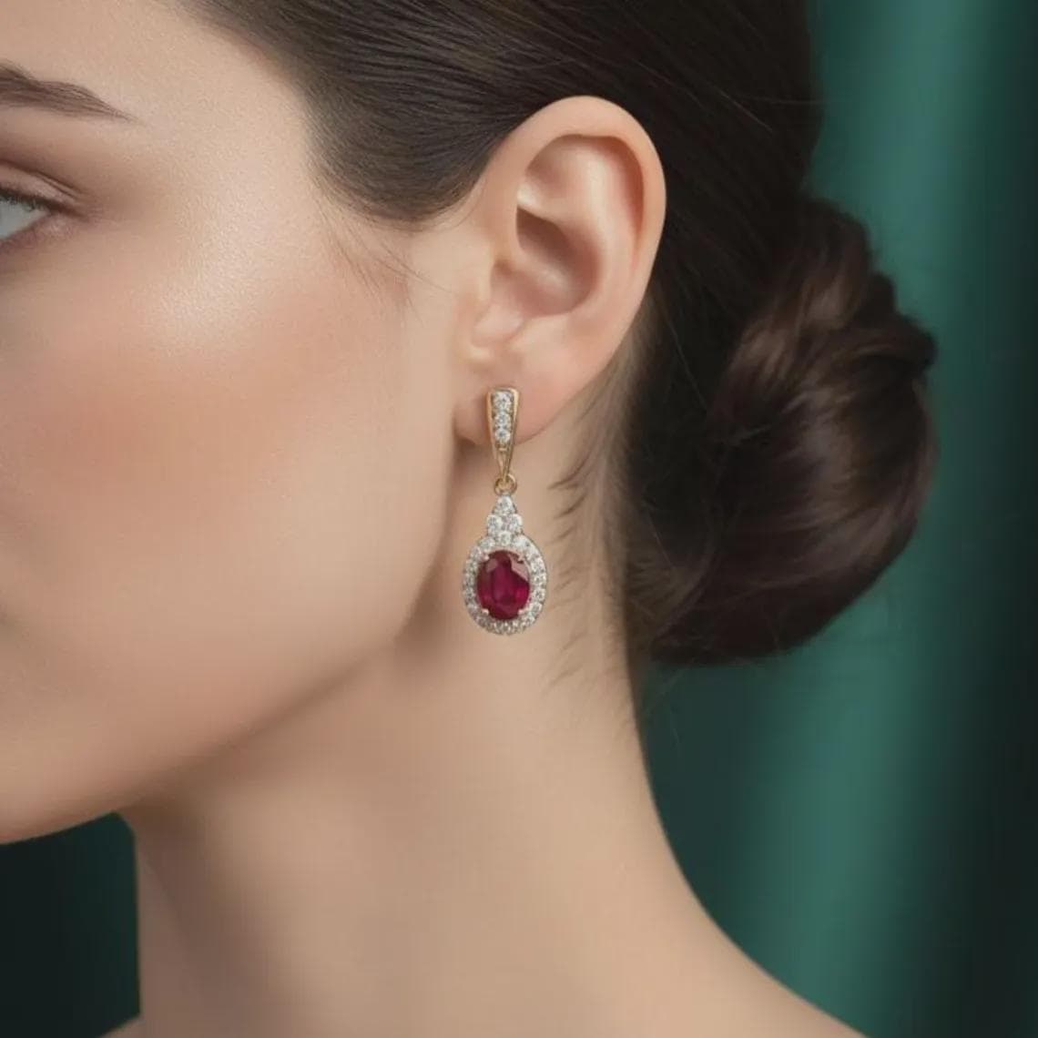 Oval Ruby Halo Drop Earrings — View 3