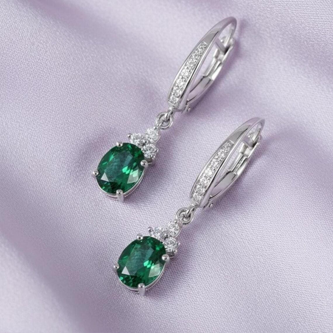 Oval Green Emerald & Diamond Women's Earrings 14K