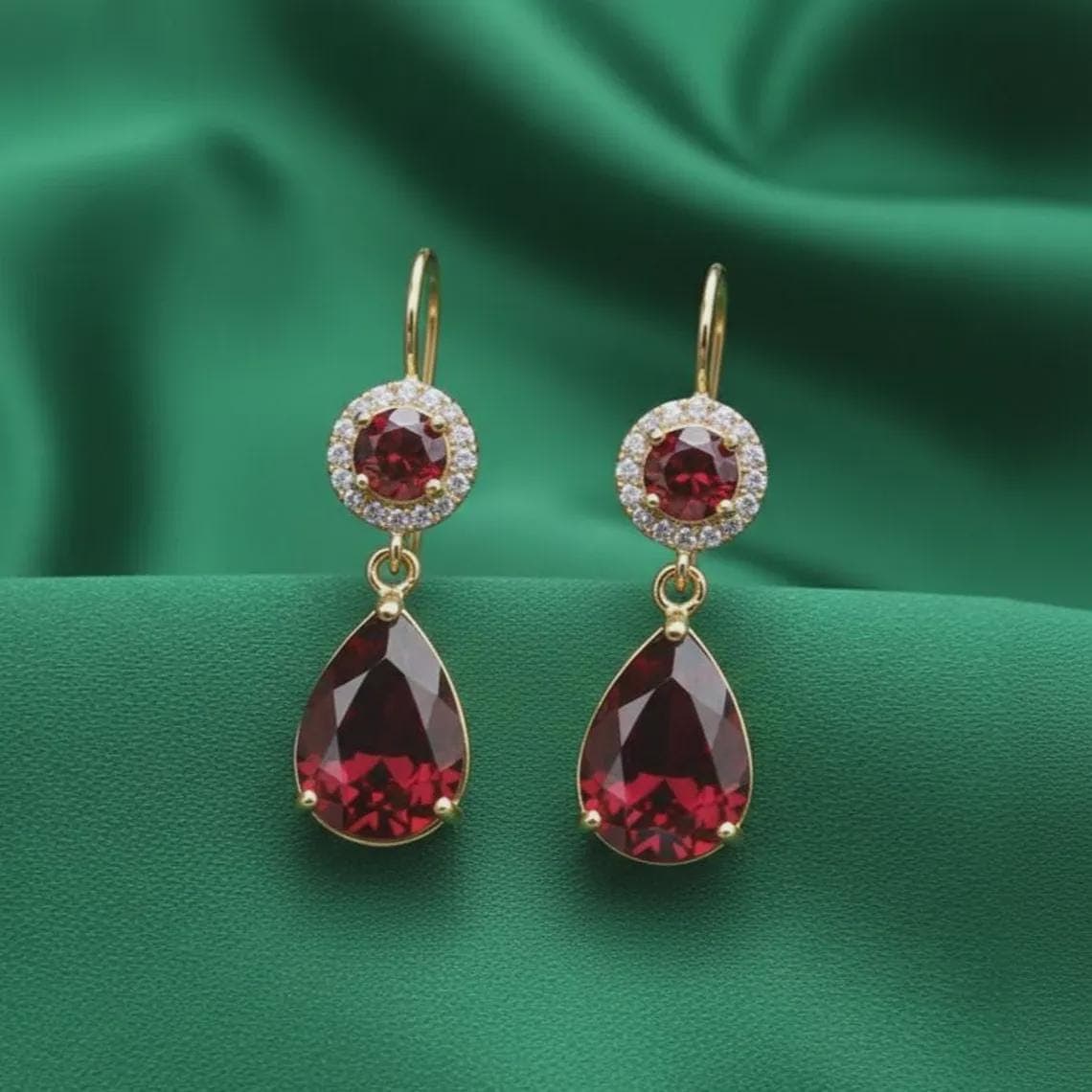 Teardrop Red Garnet Women's Drop Dangles 14K Gold — View 2
