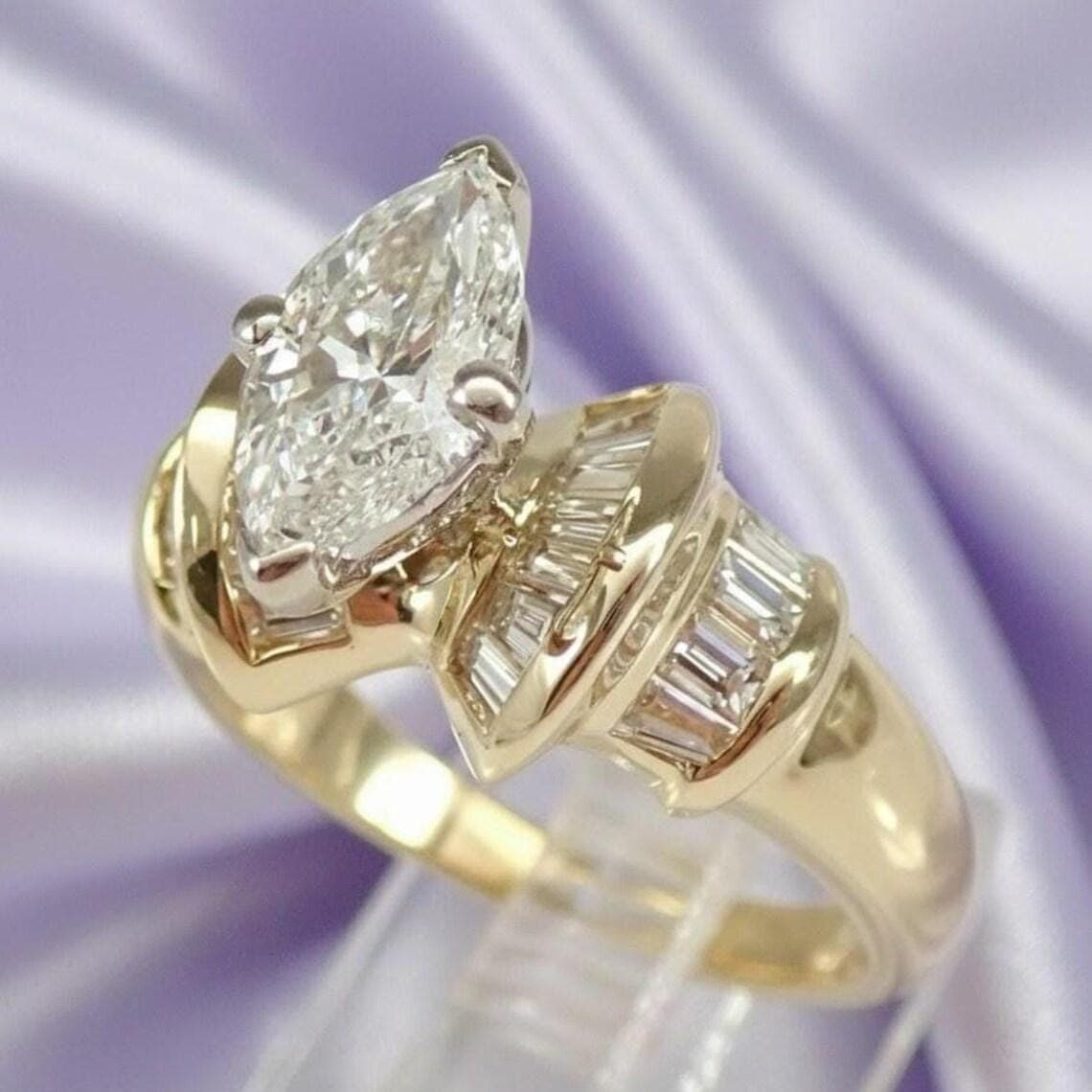 Marquise & Baguette Diamond Moissanite Engagement Ring 14K — View 2
