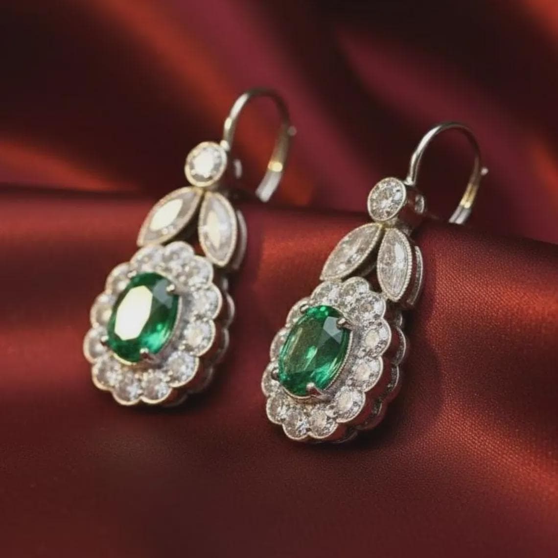 Emerald Moissanite Halo Drop Earrings — View 3