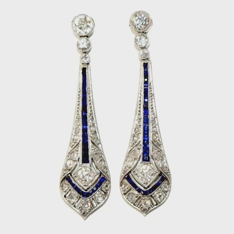 3.00CT Art Deco Blue Sapphire Diamond Drop Earrings