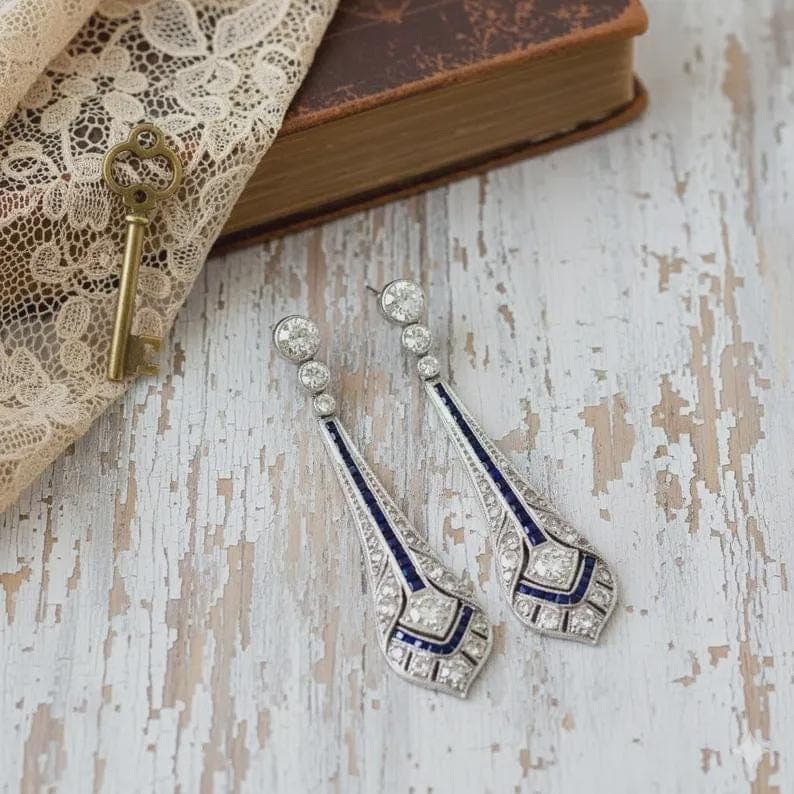 3.00CT Art Deco Blue Sapphire Diamond Drop Earrings — View 3