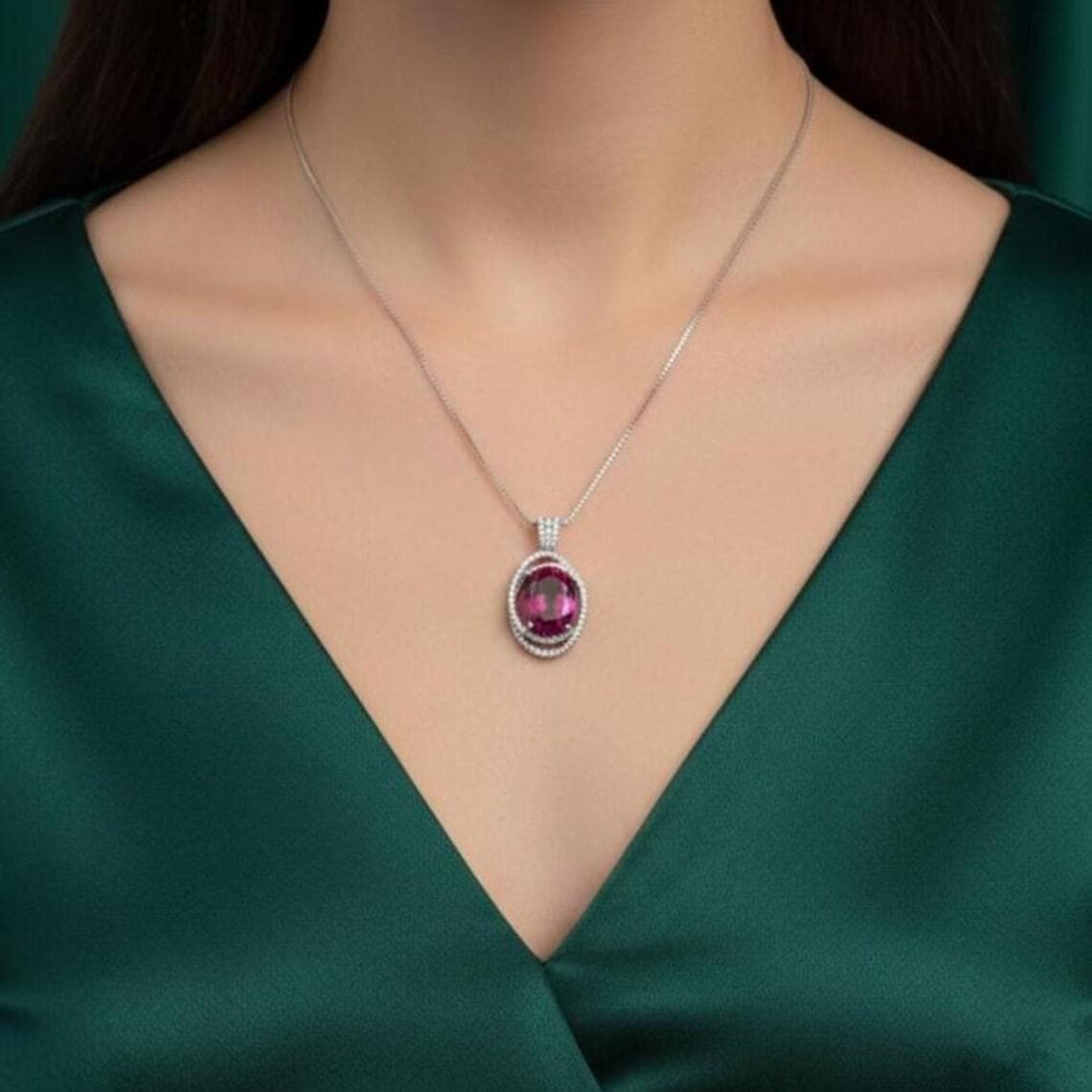 Oval Pink Ruby Halo Pendant Necklace — View 2