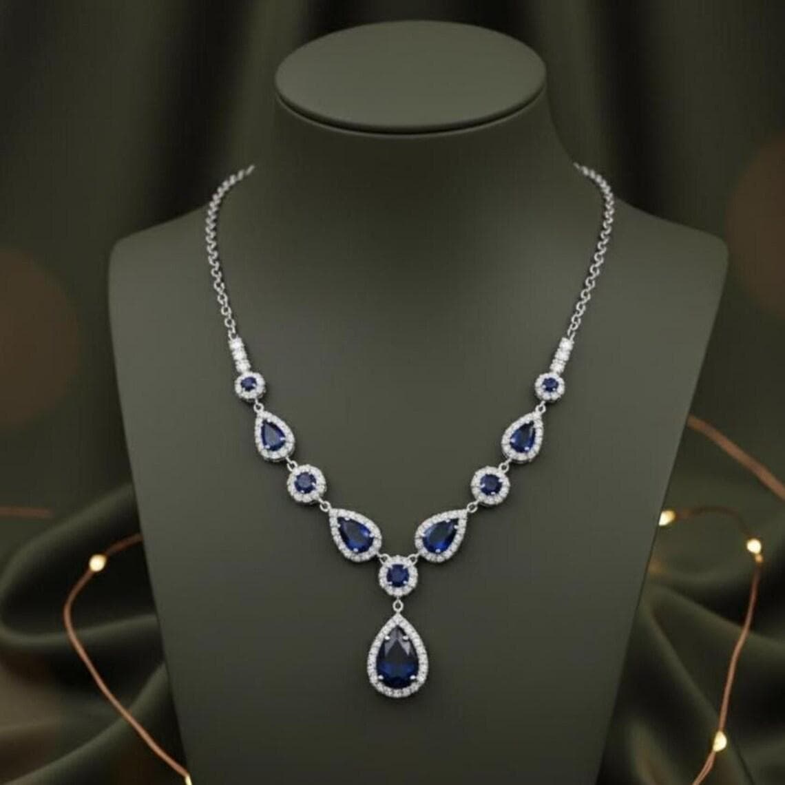 Sterling Silver Pear Cut Sapphire Diamond Bridal Necklace