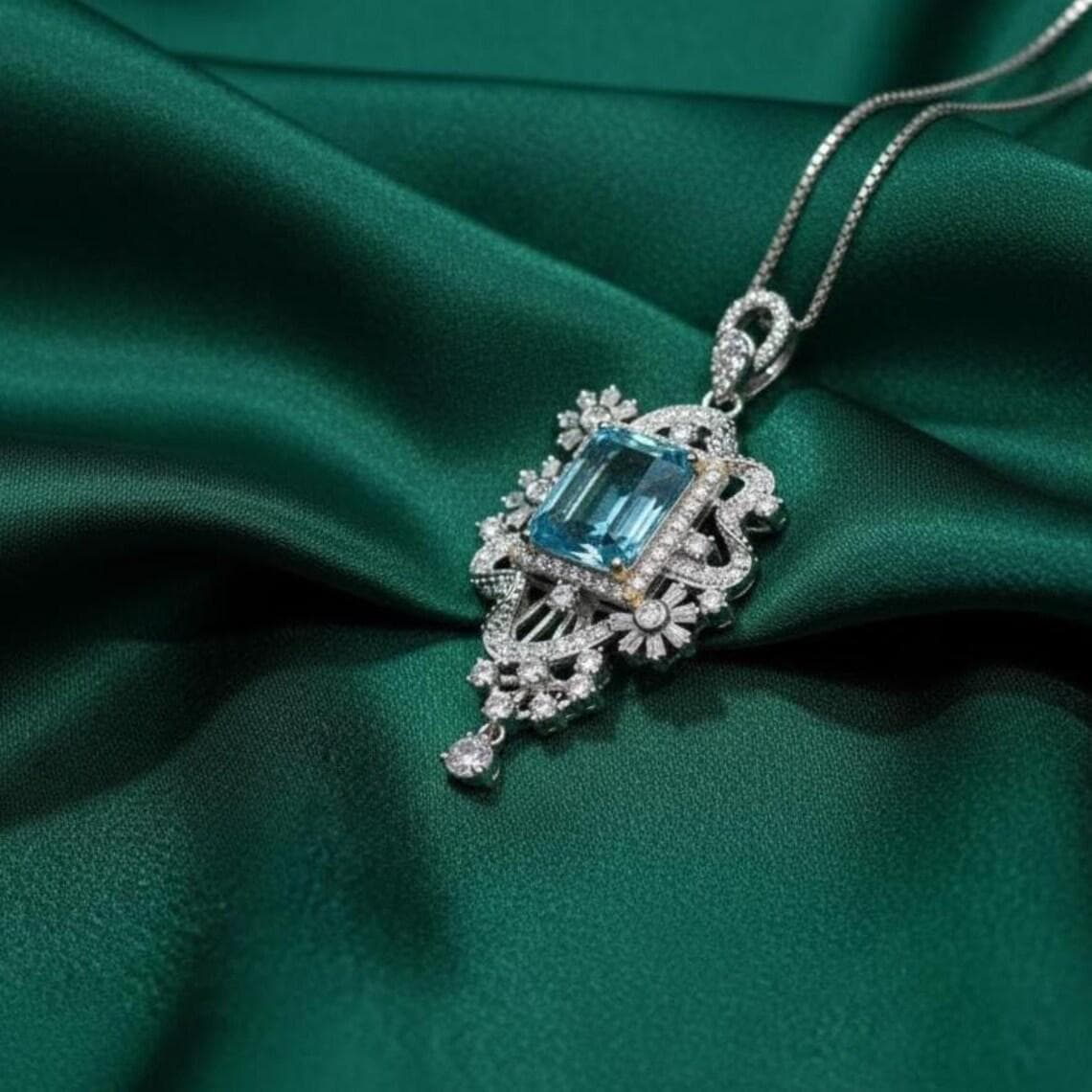 Emerald Cut Aquamarine Halo Pendant — View 2