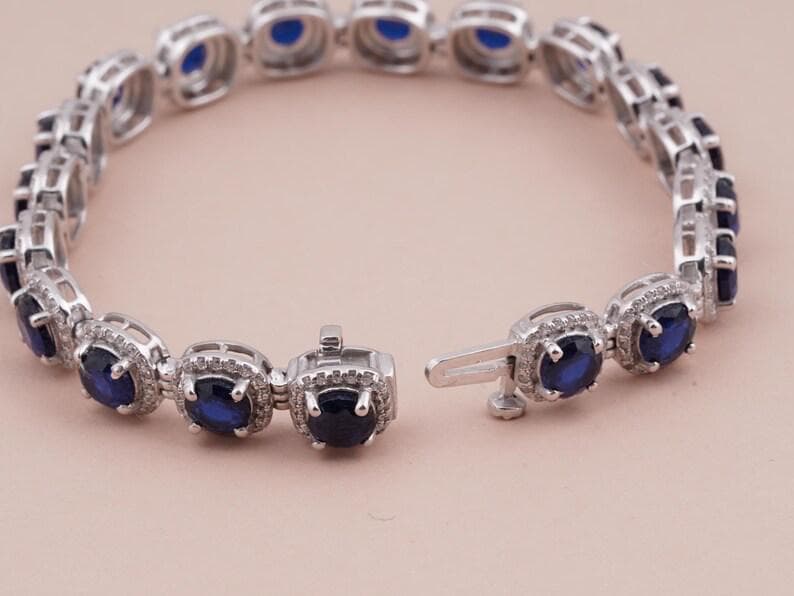 Oval Blue Sapphire Tennis Bracelet with Diamond Halo — View 5
