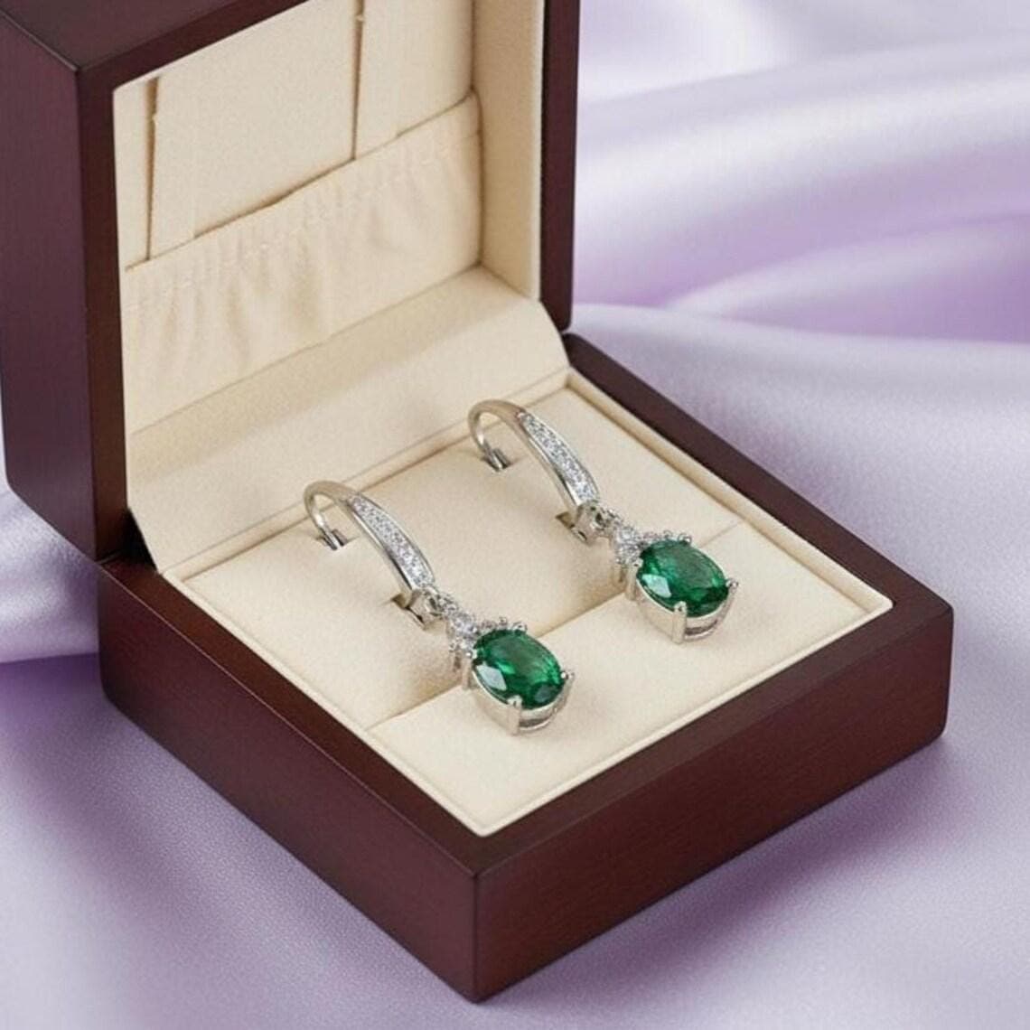 Oval Green Emerald & Diamond Women's Earrings 14K — View 7