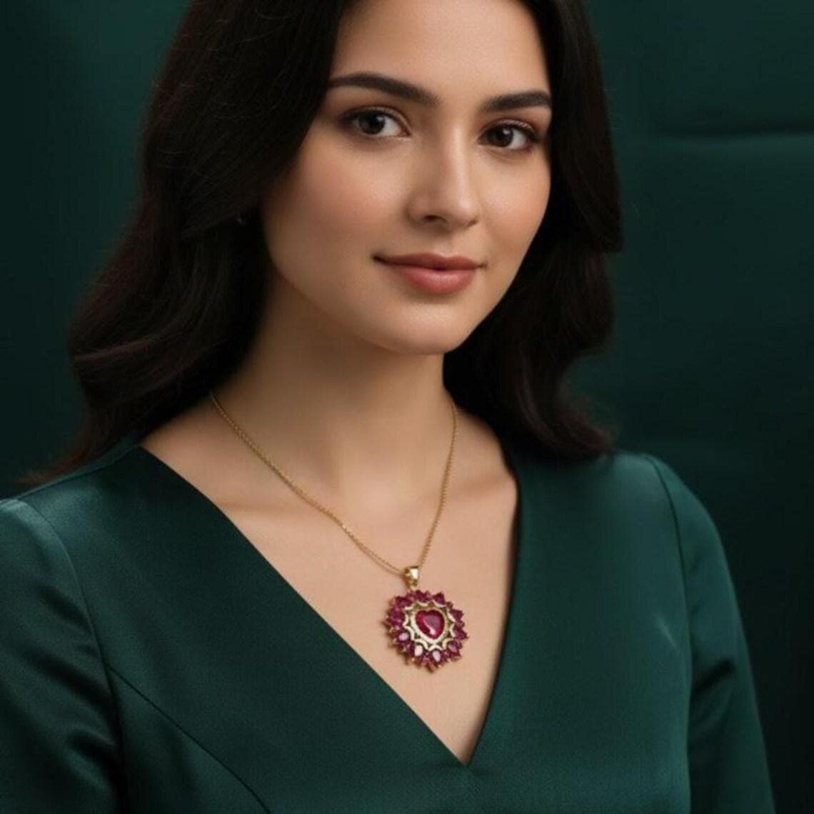 Pink Ruby Heart Cluster Pendant Necklace — View 2