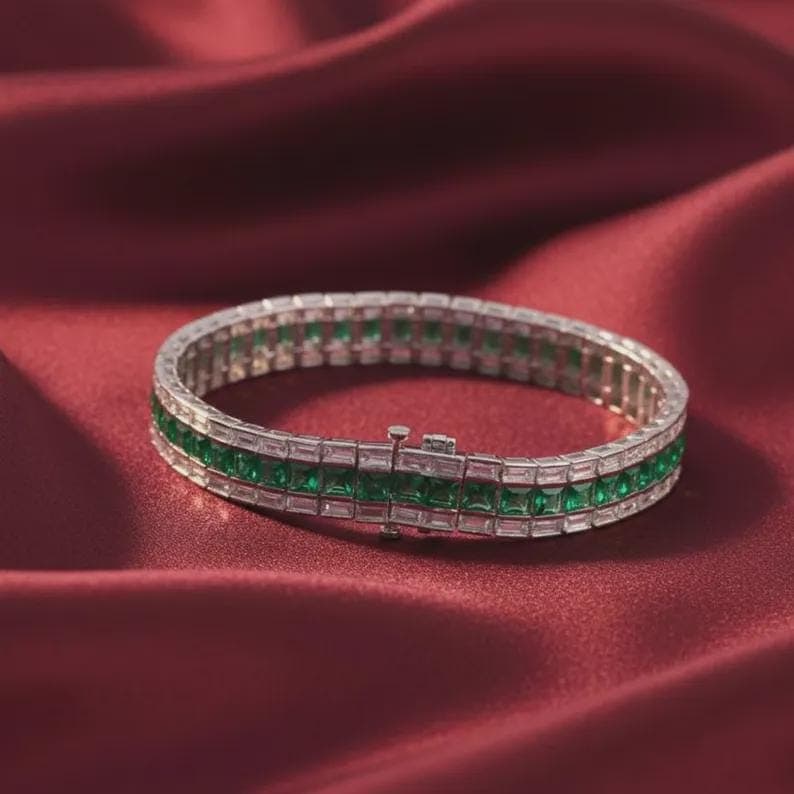 Elegant Emerald and Diamond Tennis Bracelet Double Row