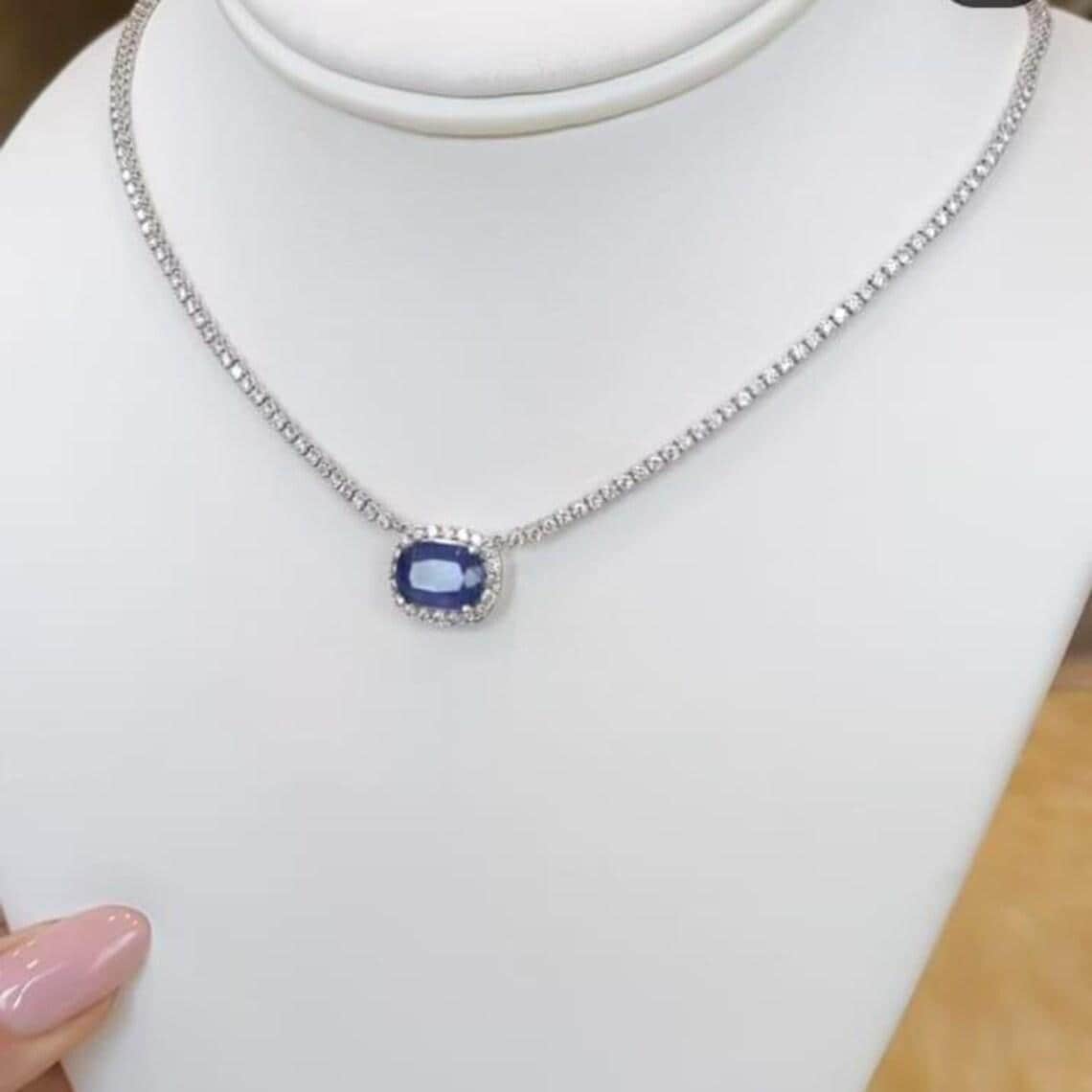 Cushion Cut Blue Sapphire Halo Pendant Necklace — View 2