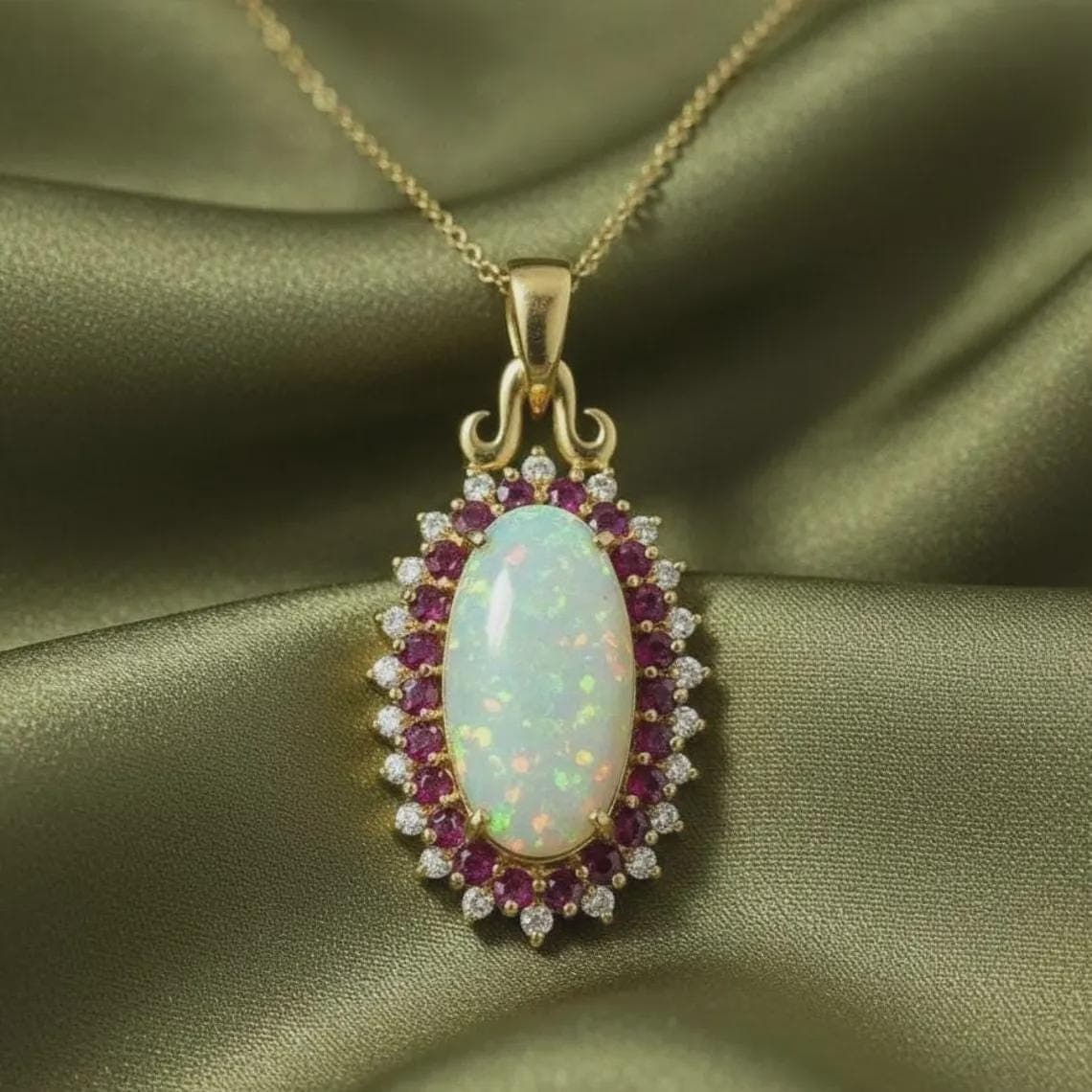 Oval Opal Garnet Diamond Halo Pendant Necklace