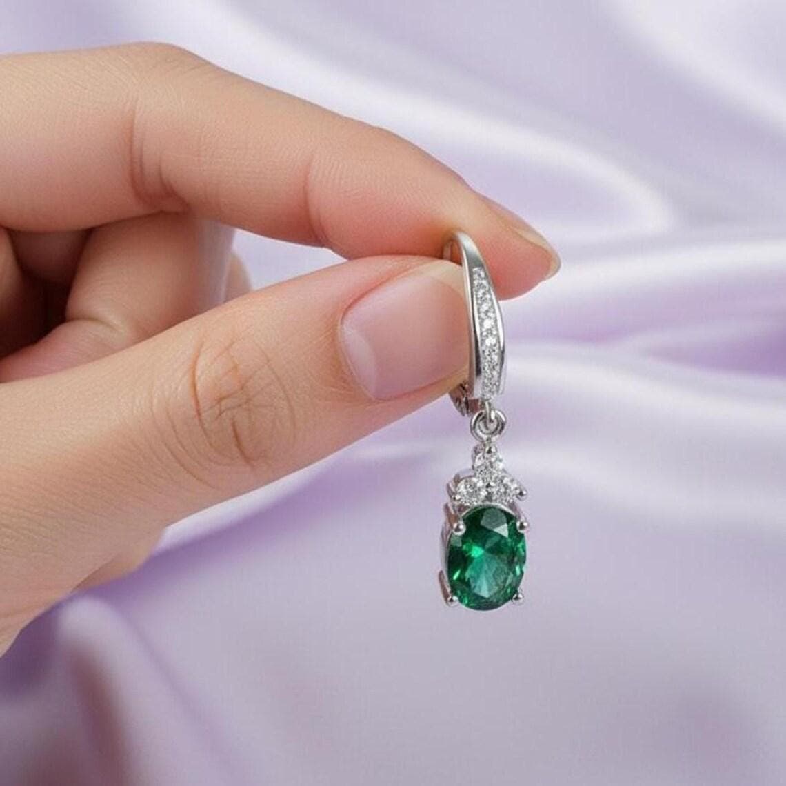Oval Green Emerald & Diamond Women's Earrings 14K — View 4