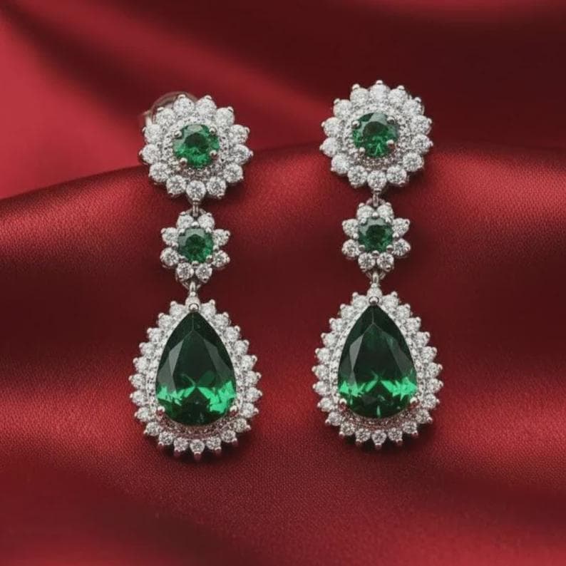 Emerald Moissanite Halo Drop Earrings — View 2